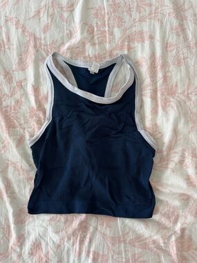 Ribbed Navy Workout Tank Top with Contrast Trim
